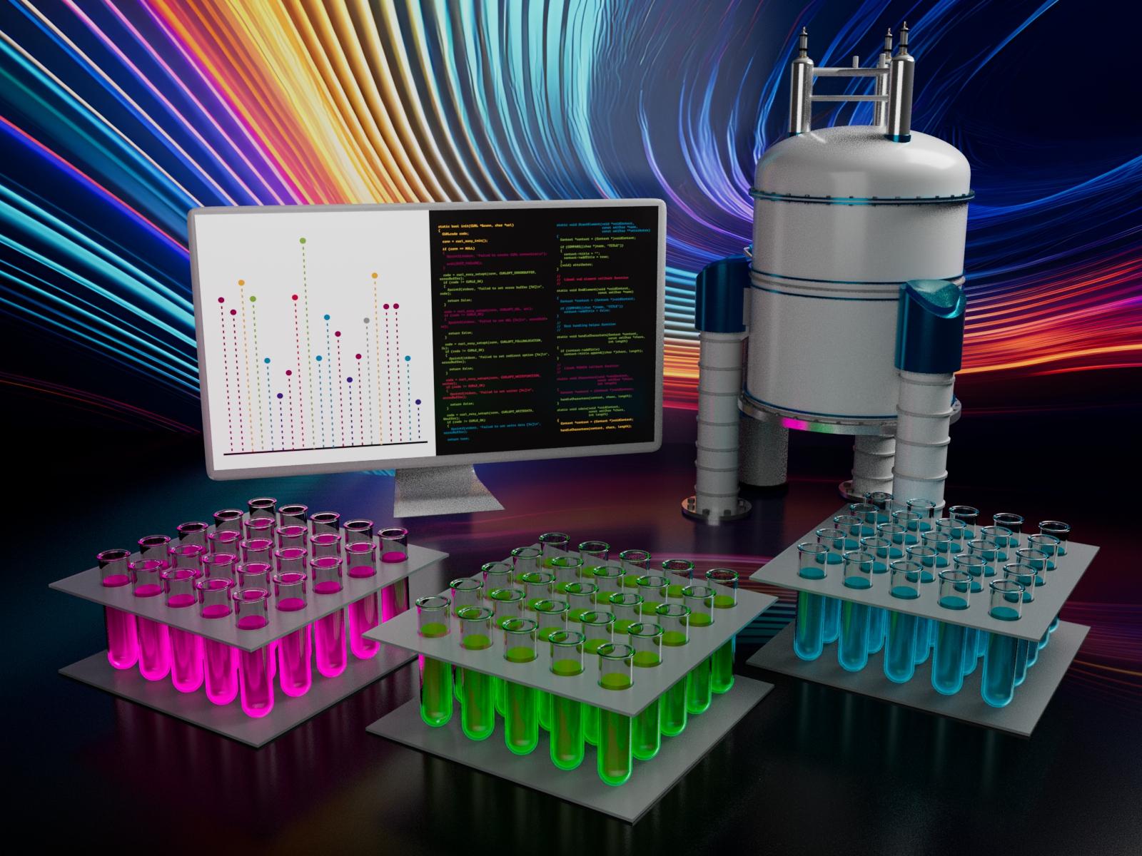 Illustration showing multiple sets of test tubes, an NMR, and computer screen plotting data