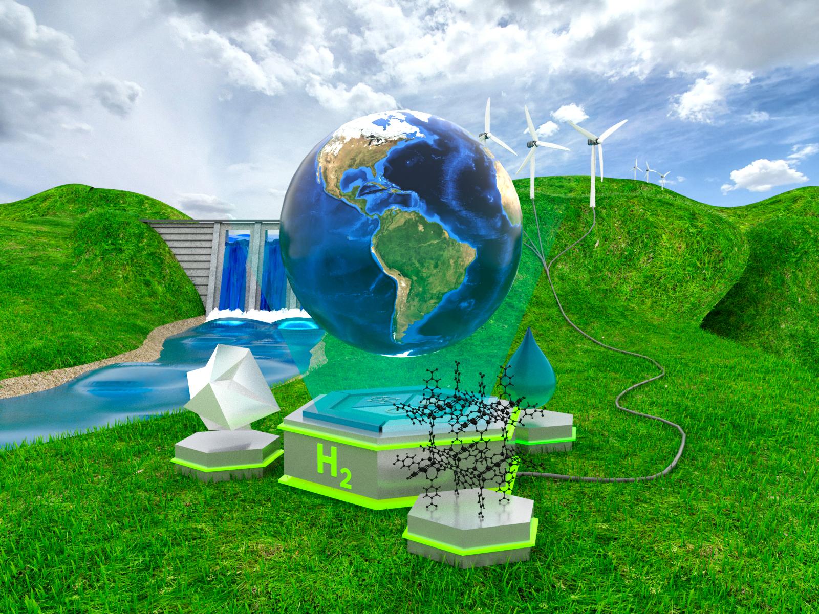 A globe floats in the center of the image, surrounded by different forms of hydrogen energy storage materials.
