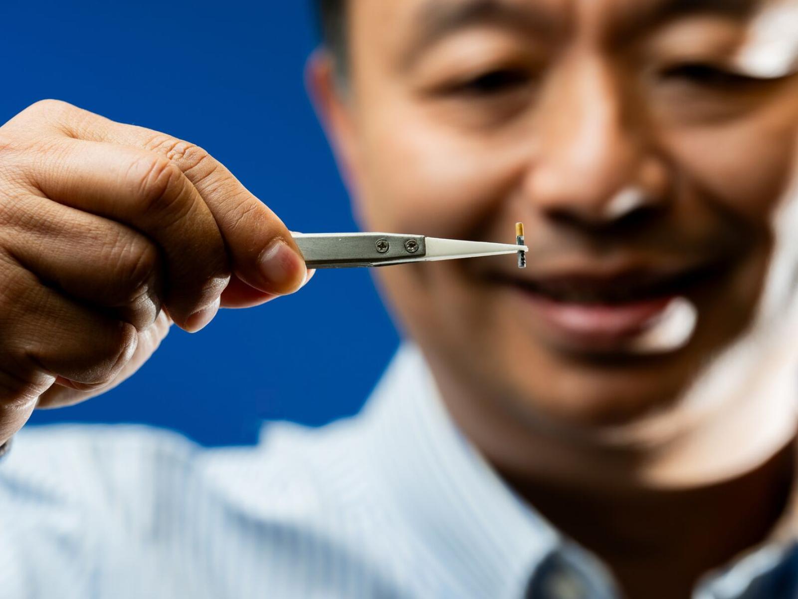 A researcher holds a very small, ovel-shaped acoustic monitoring tag with a pair of tweezers