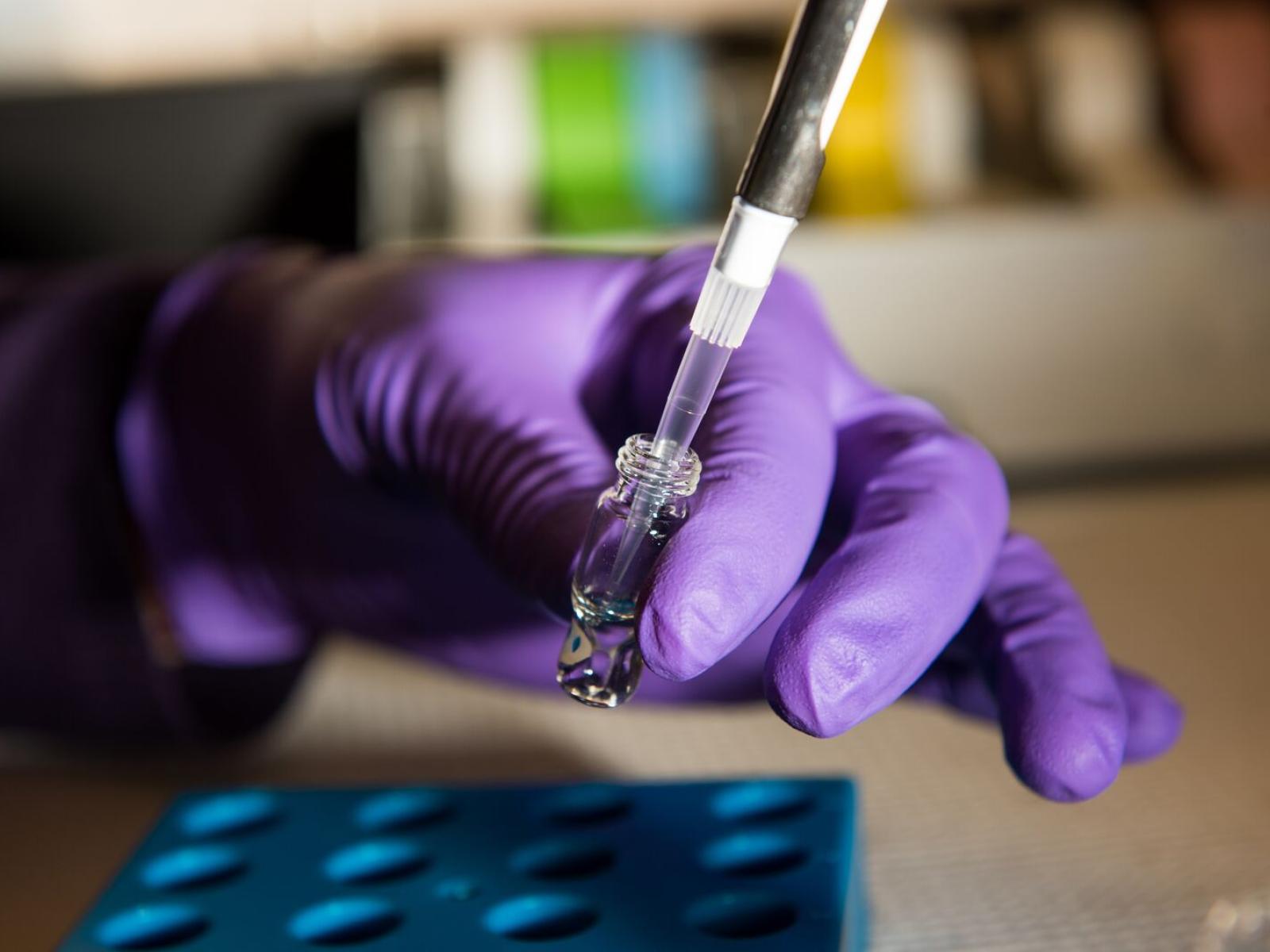 An image of a hand holding a small vial