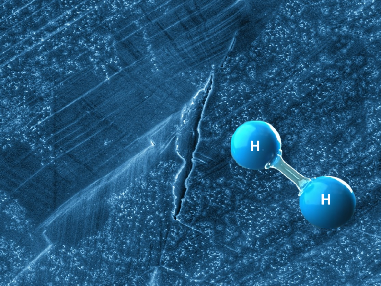 A generated molecule of diatomic hydrogen on top of a close up image of a model steel surface with a crack in it