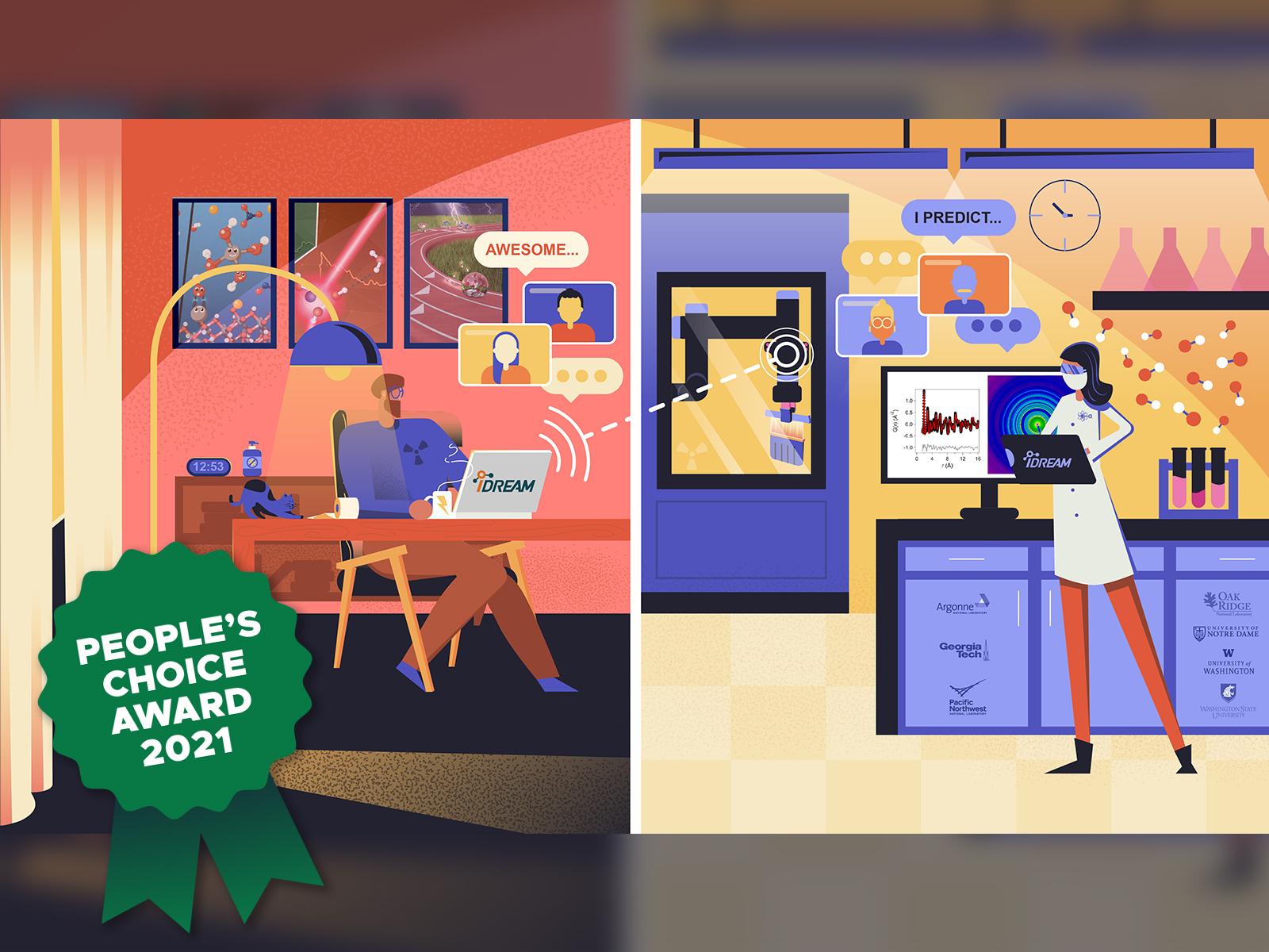 An illustration showing a teleworking researcher remotely operating scientific equipment across the country.