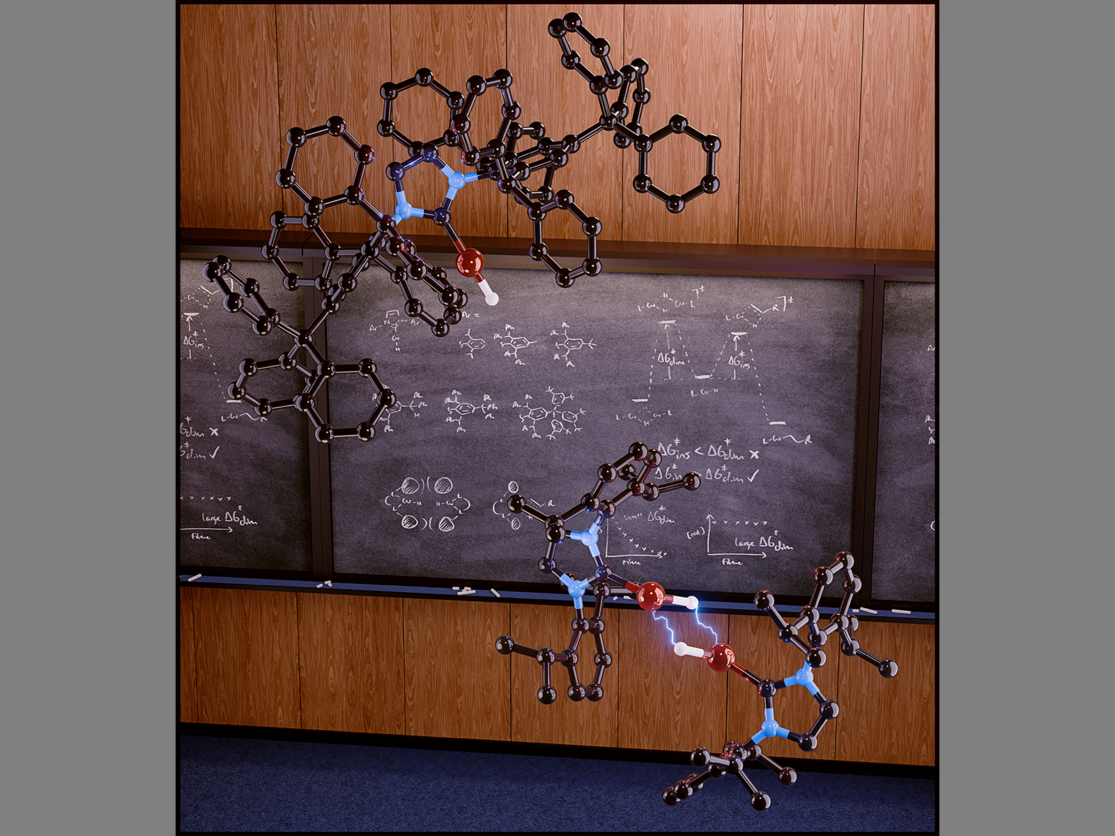 Illustration showing molecules in front of a lecture-style chalkboard with chemistry content