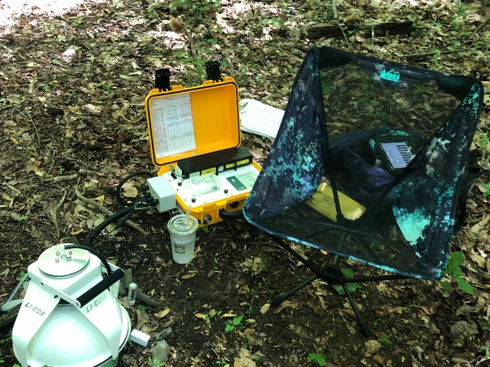 scientific instruments on leaf-strewn dirt