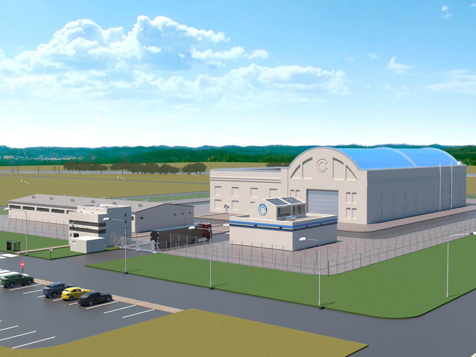Artist's rendering of a big building with a rounded top that will house the Hermes test reactor.