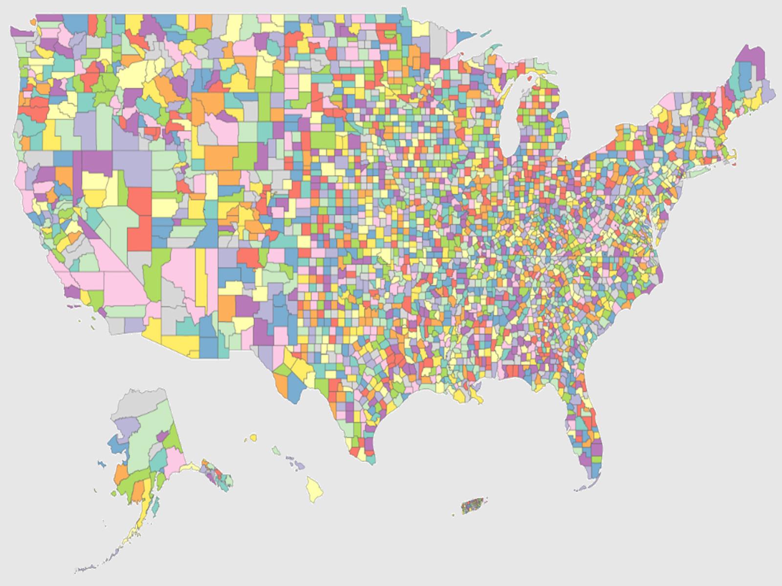 Map of the US with multicolored regions