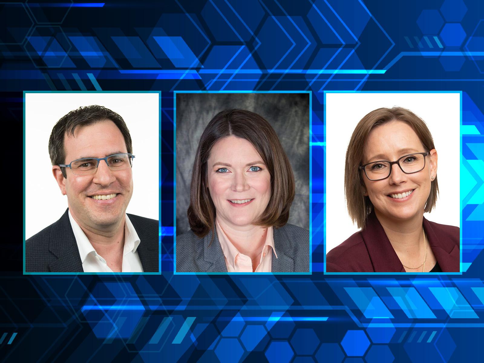 Composite image of three portrait photos. From left to right: Bill Pike, Angela Becker-Dippman, Amy Schmidt.
