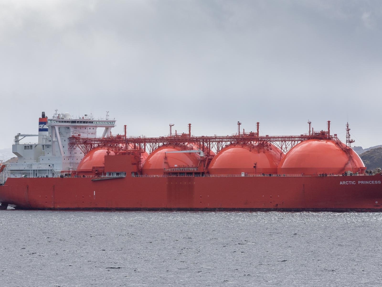 Photo of a large ship, used to transport liquefied natural gas, at sea. The name “Arctic Princess” is written on the side of it.