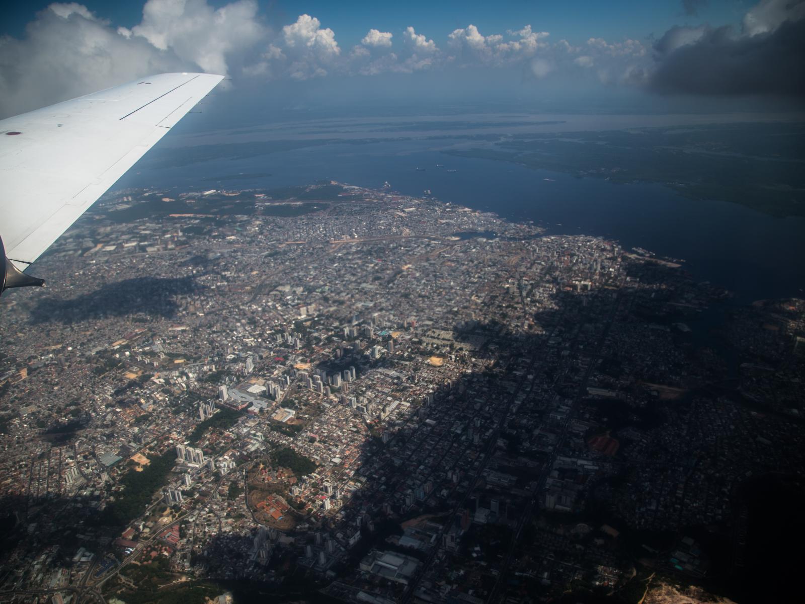 Photo of a city from the window of an airborne research aircraft