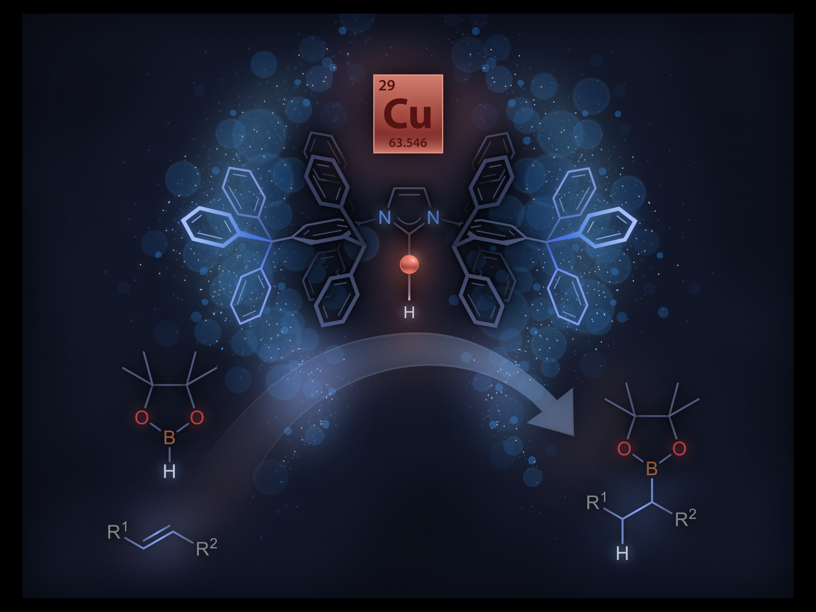Stylized illustration of copper hydride monomer on a dark background