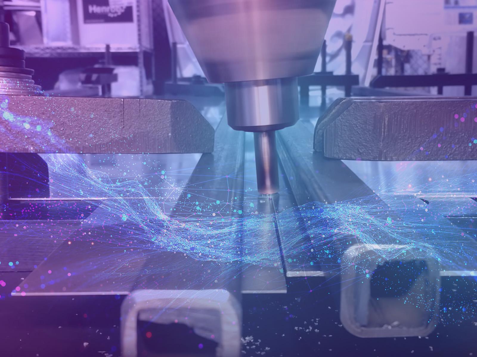 A friction stir tool passes along a metal surface, with network-like imagery overlaid.