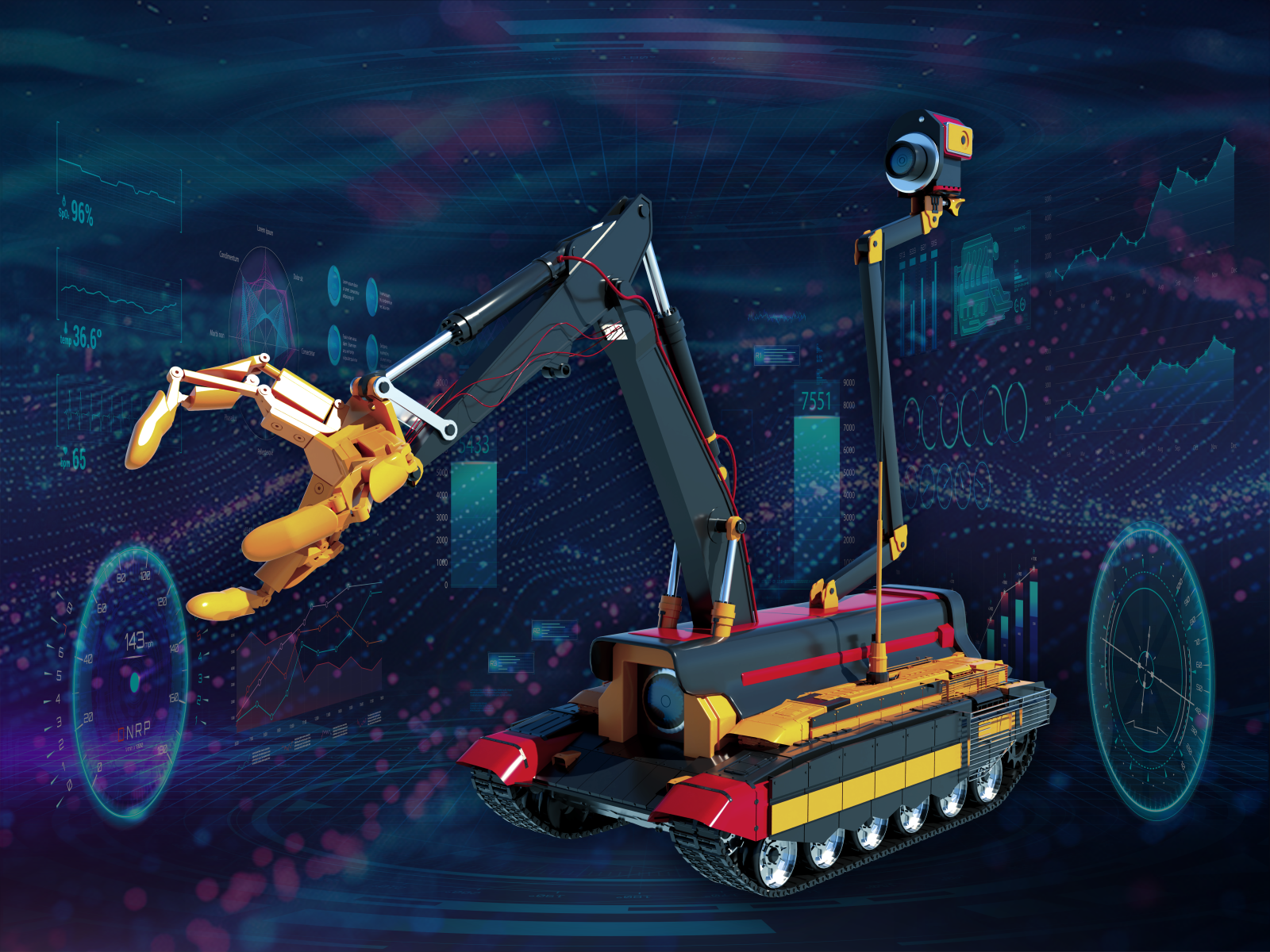 Image composition of an uncrewed ground vehicle in front of a scientific background