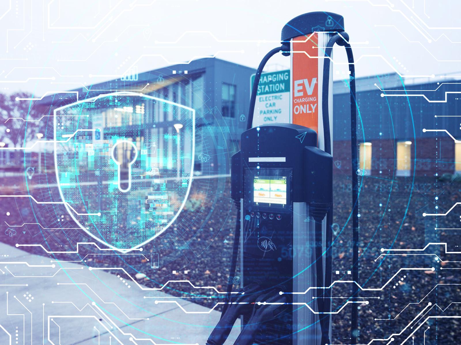 Composite image of an EV charger and cybersecurity imagery
