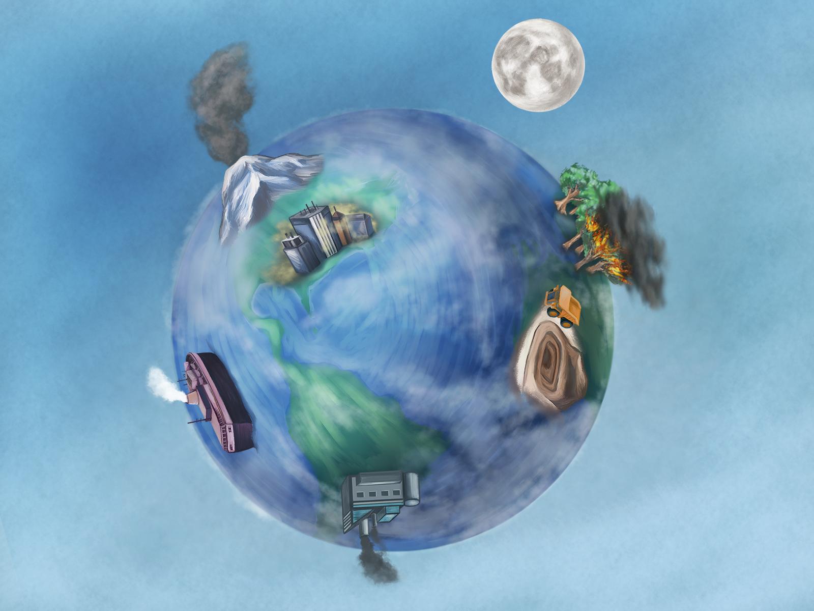 Drawing of Earth showing key sources of nanomaterials, like volcanoes, fires, coal plants, etc.