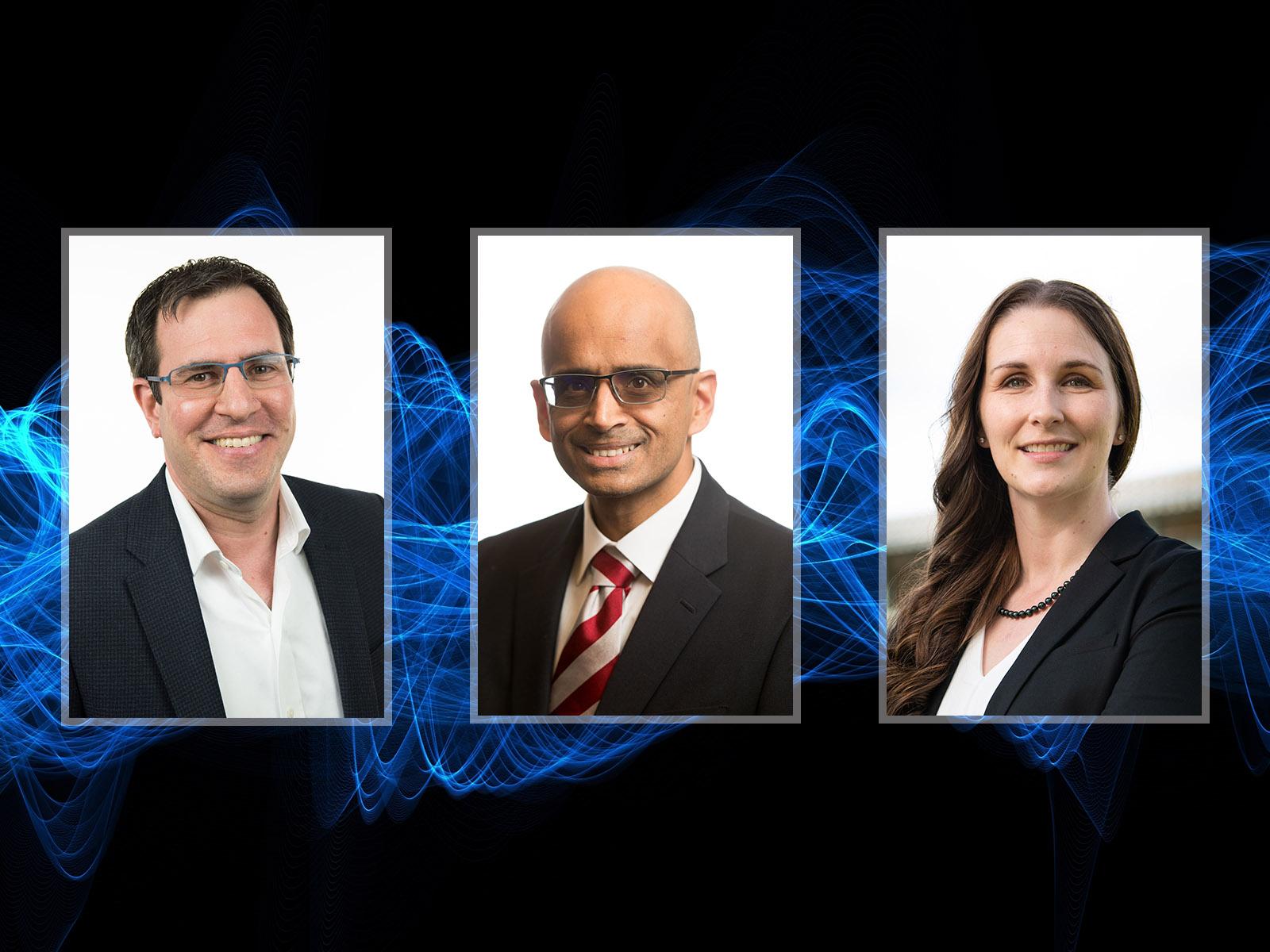 Composite image of three people in business attire on a generated blue background