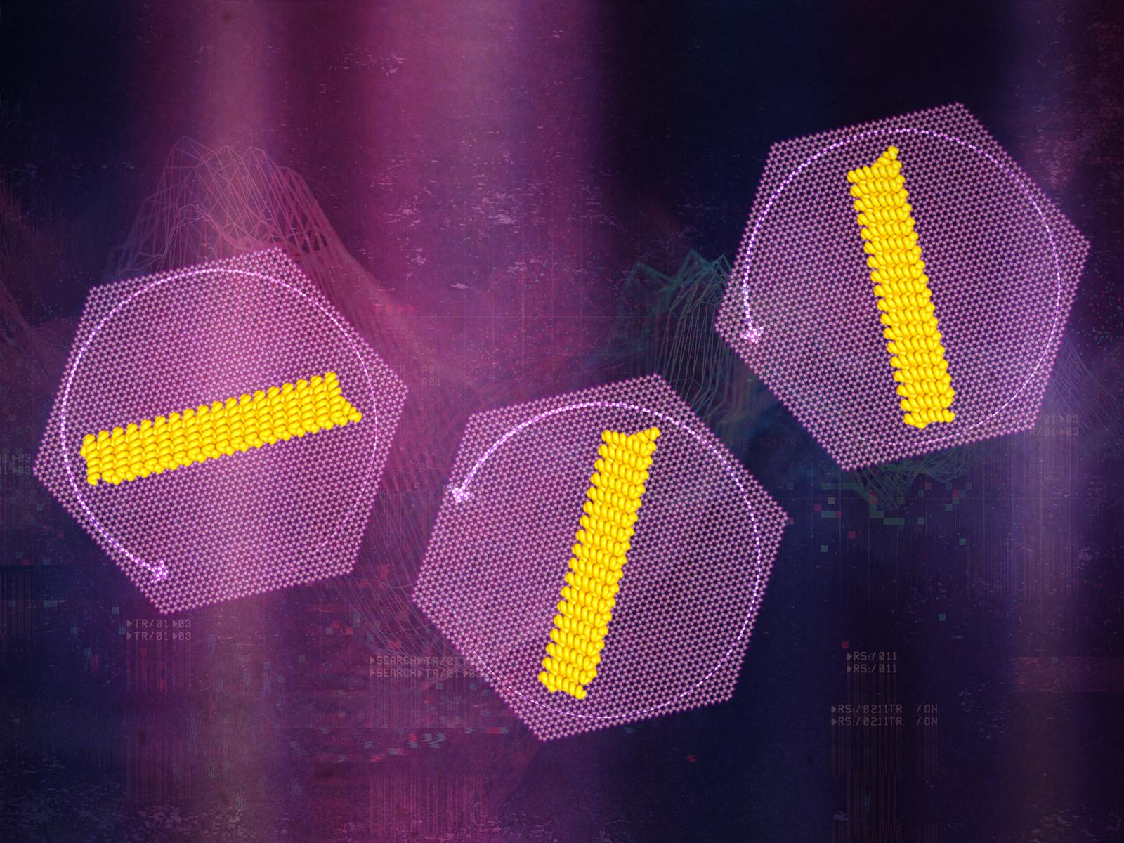 A series of three golden tubes representing proteins rotating on hexagonal representations of a mineral surface