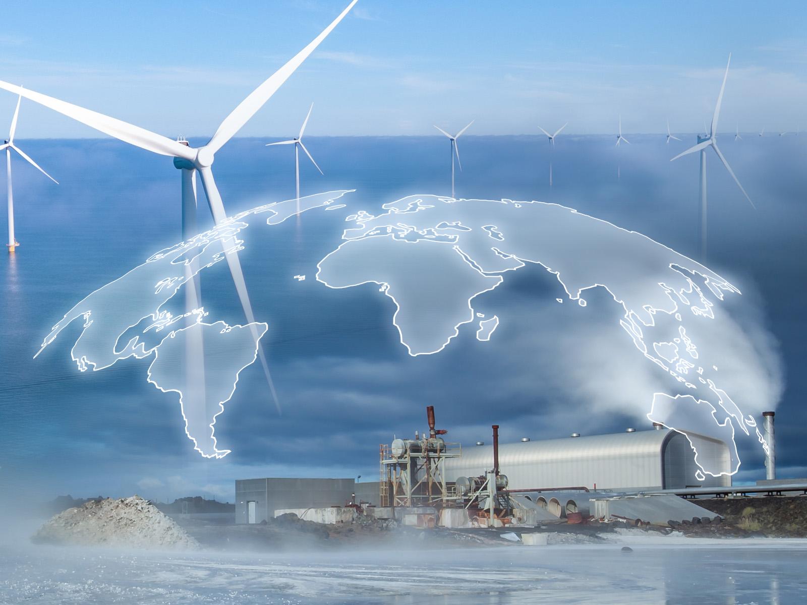 Digital image of the continents of Earth superimposed on top of a geothermal energy plant and wind turbines