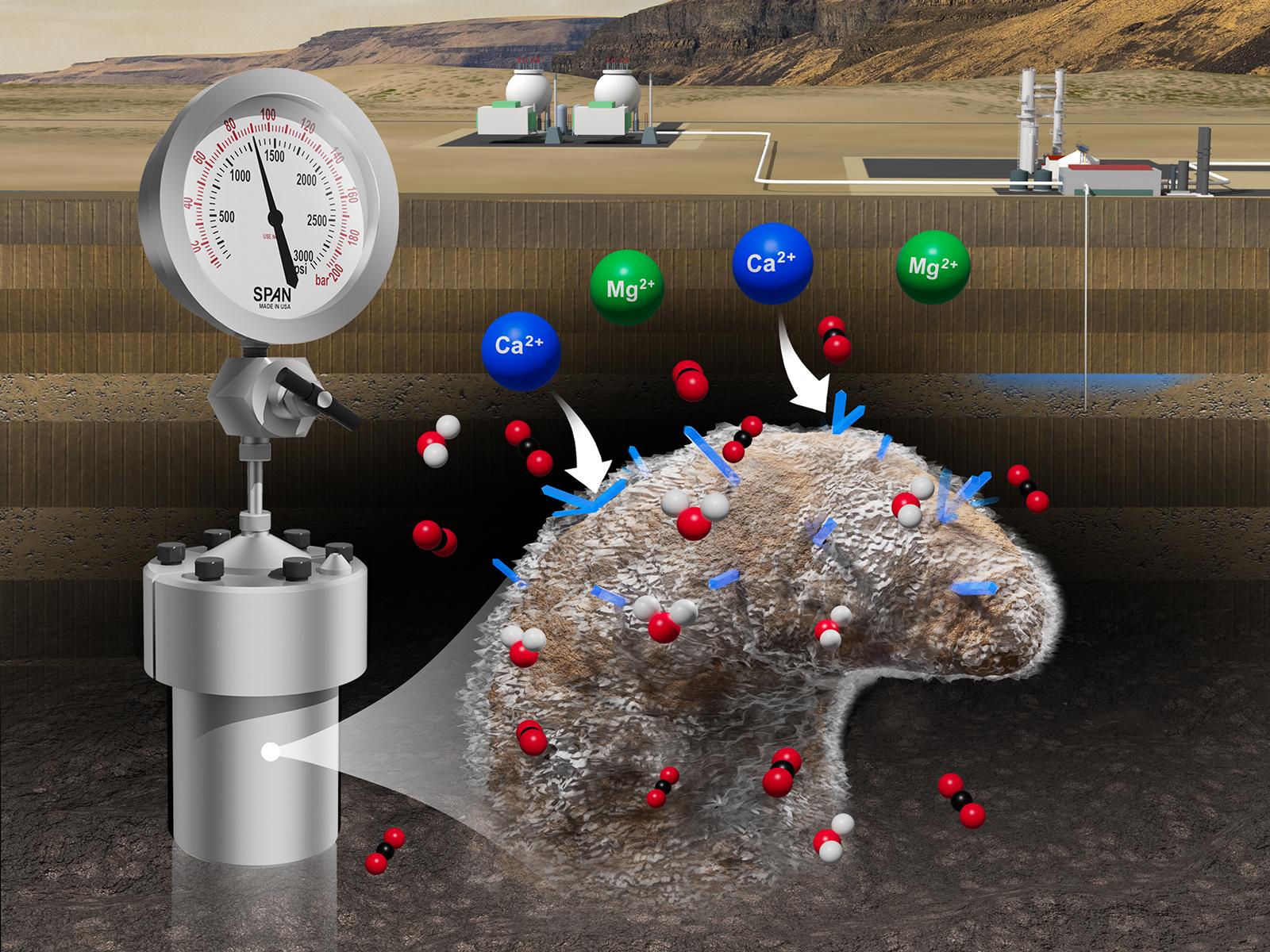 Visual composite of the nanoscale carbon mineralization process using a reactor at high temperature and pressure. The nanoscale composite is shown up close with magnesium and calcium within the sample. Basalt reservoirs are in the background at a distance.