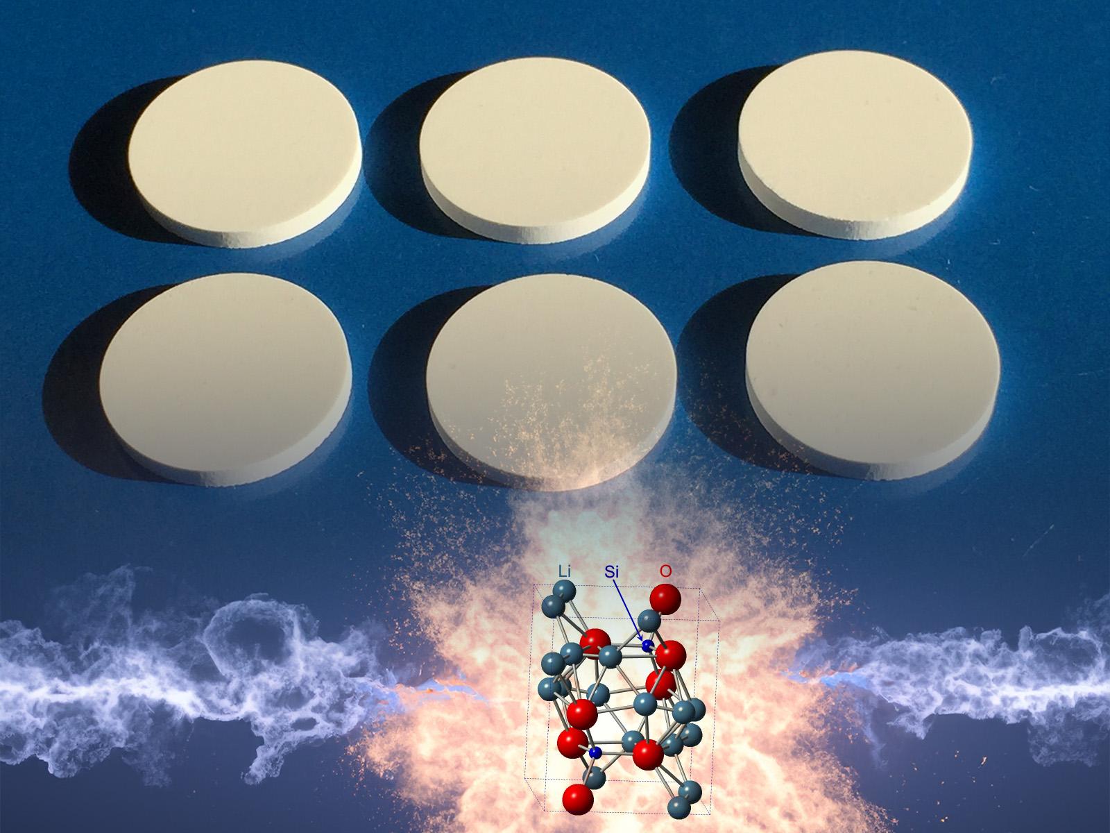 Image of lithium orthosilicate pellets with their molecular structure and an explosion
