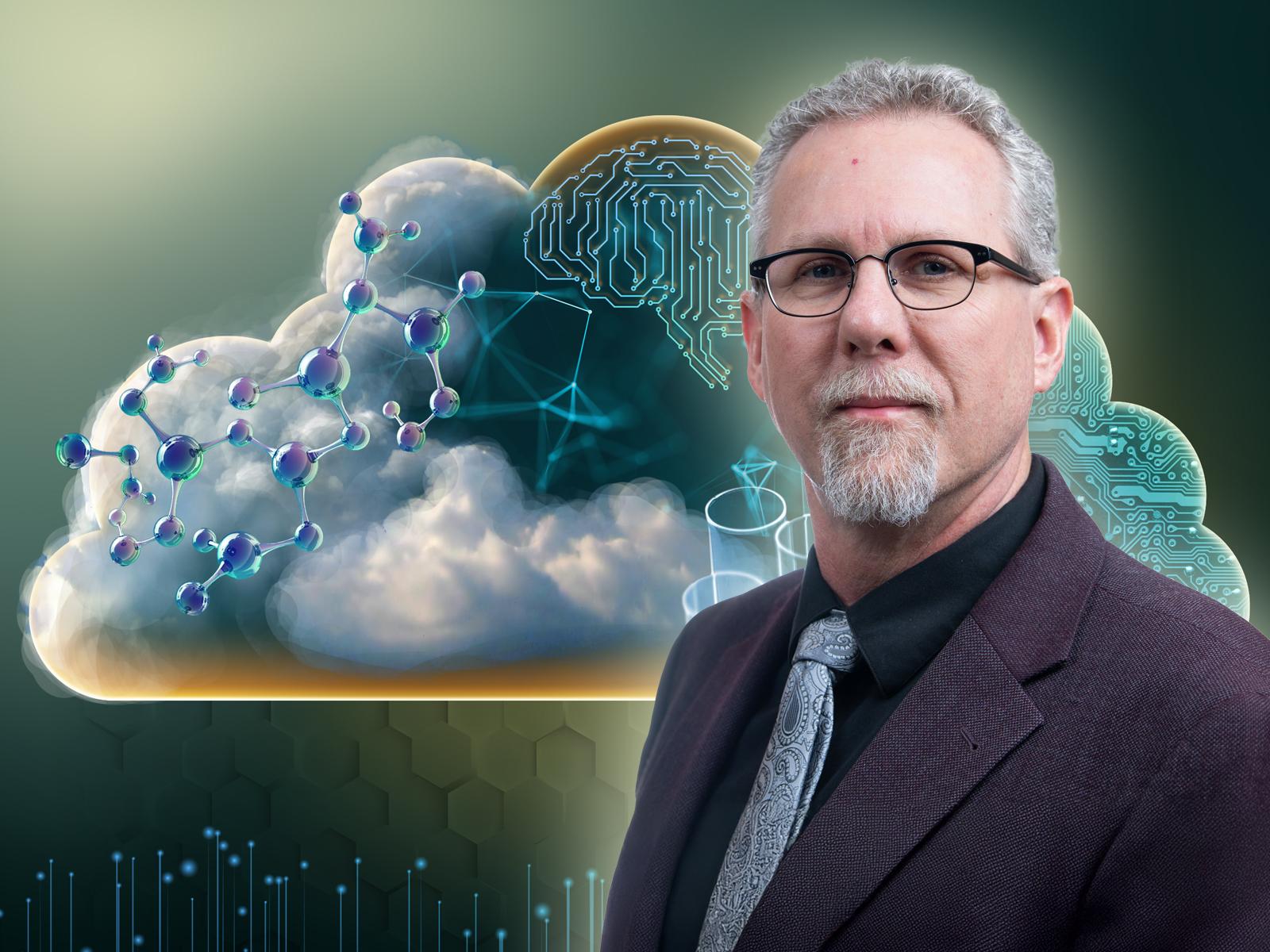 Headshot of Karl Mueller in front of a simulated cloud environment