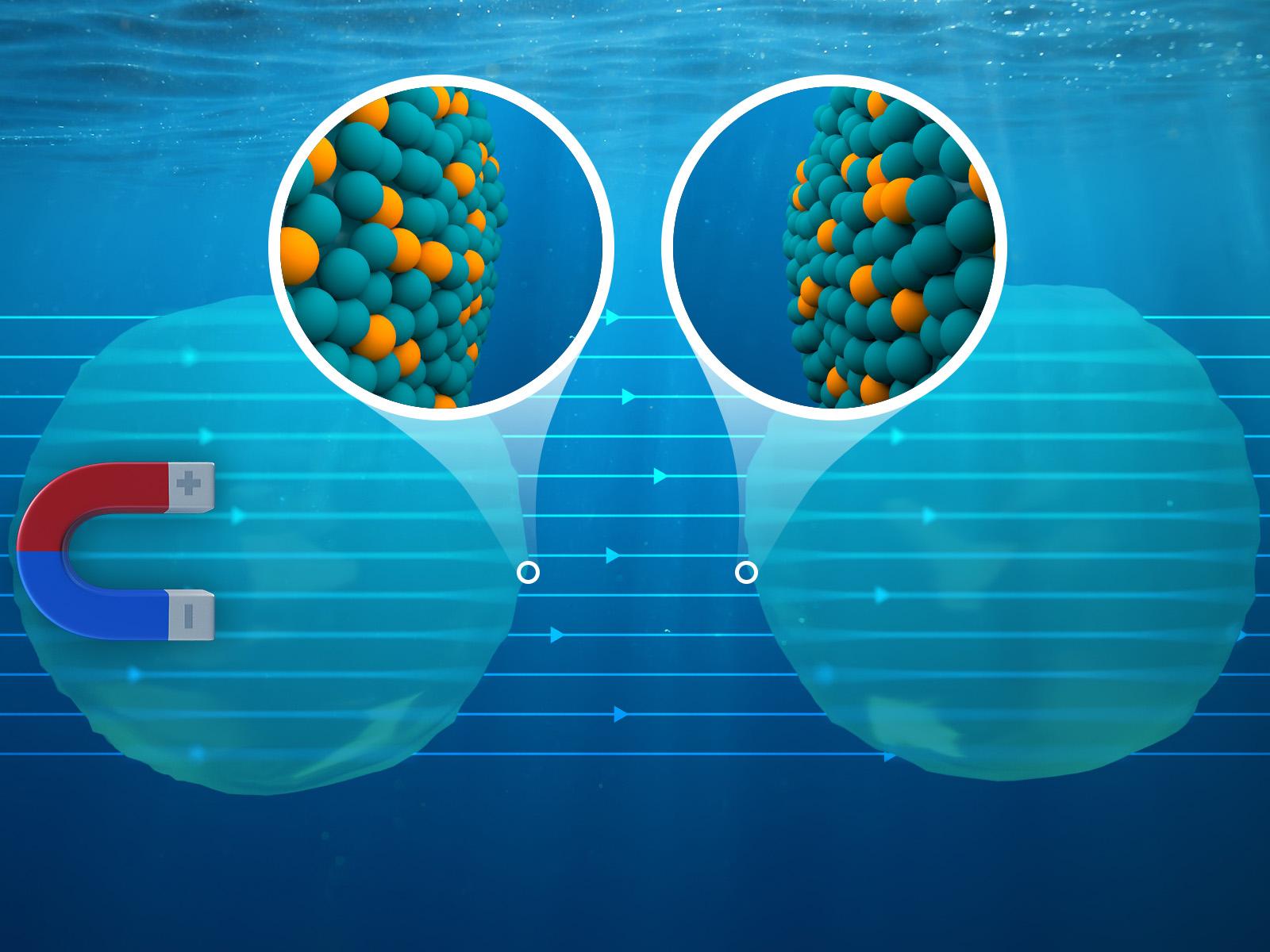Illustration showing liquid nanoparticles with a magnet