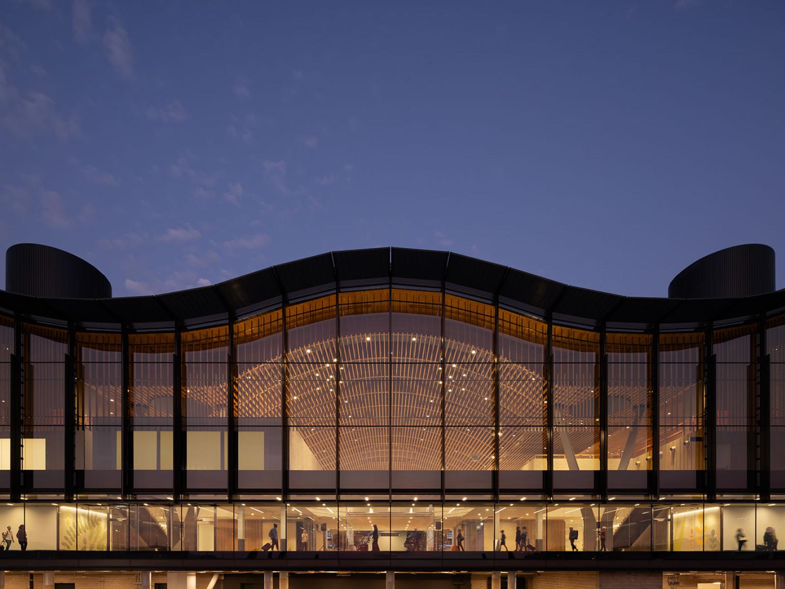 The exterior of Portland International Airport's new terminal at night.