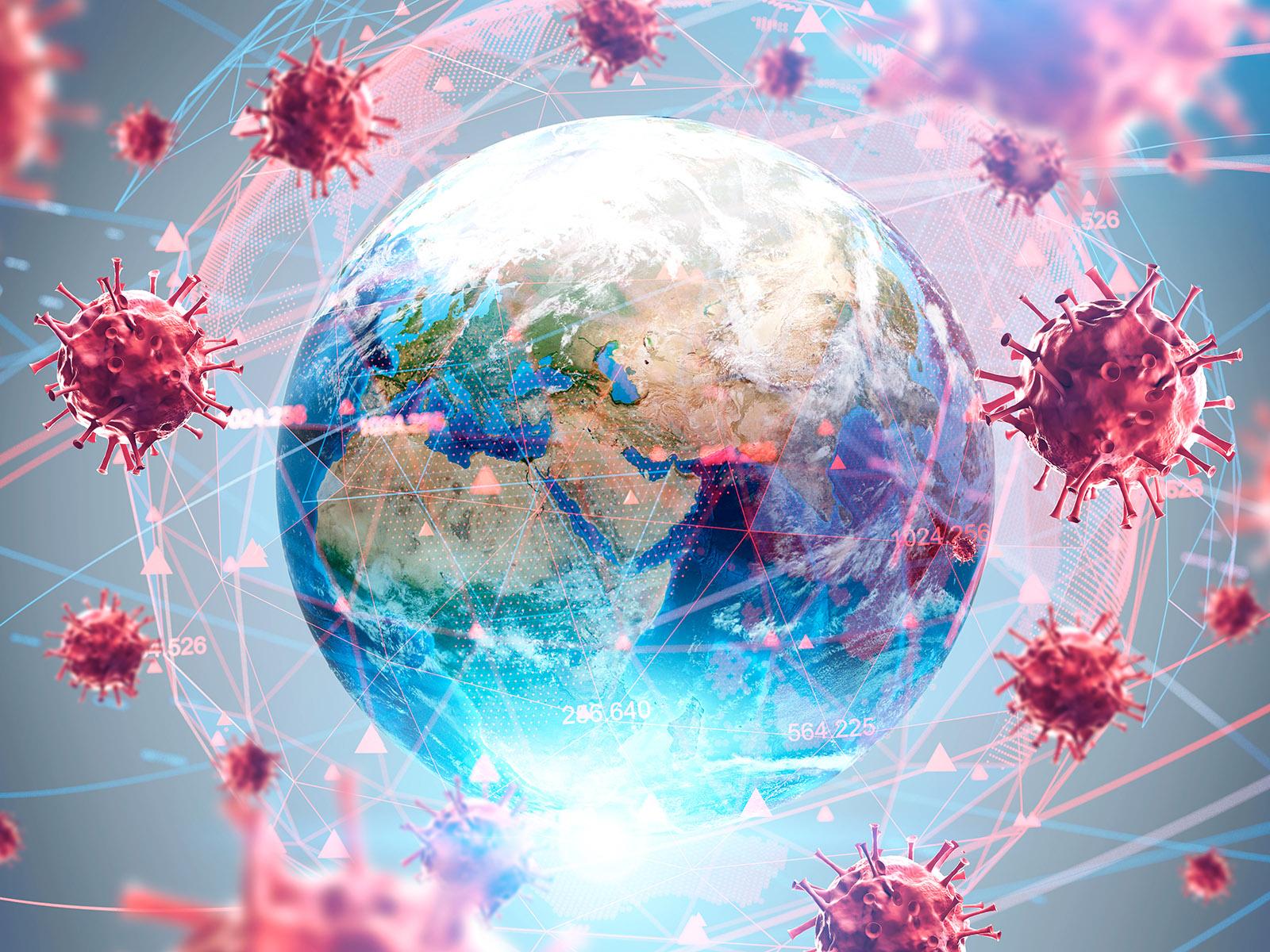 illustration of a globe surrounded by red coronaviruses