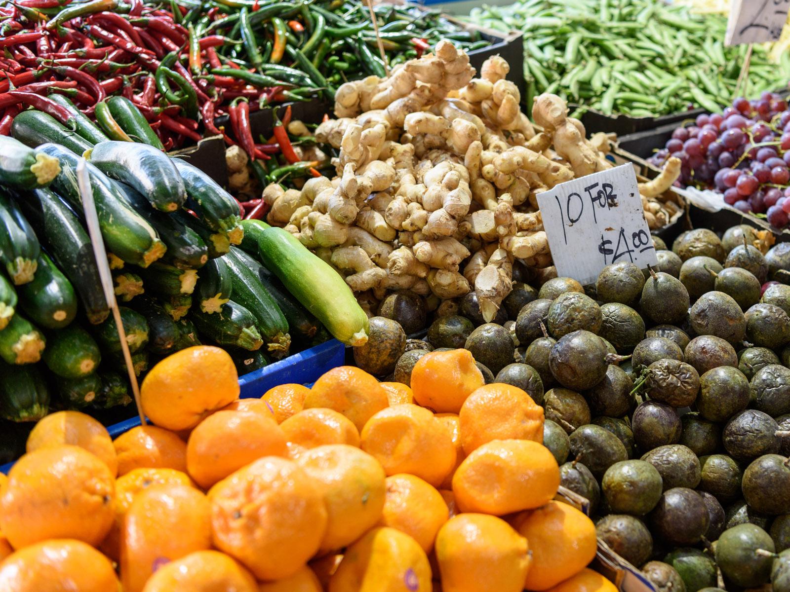 colorful produce in bins