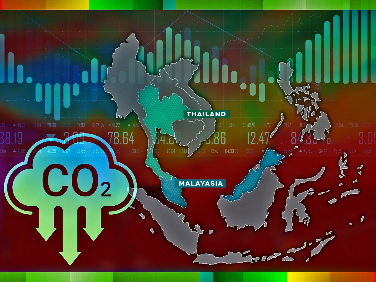 Image of digitized map of South-East Asia, with Malaysia and Thailand highlighted. Next to them is an icon of a cloud with "CO2" written on it with arrows pointing down.