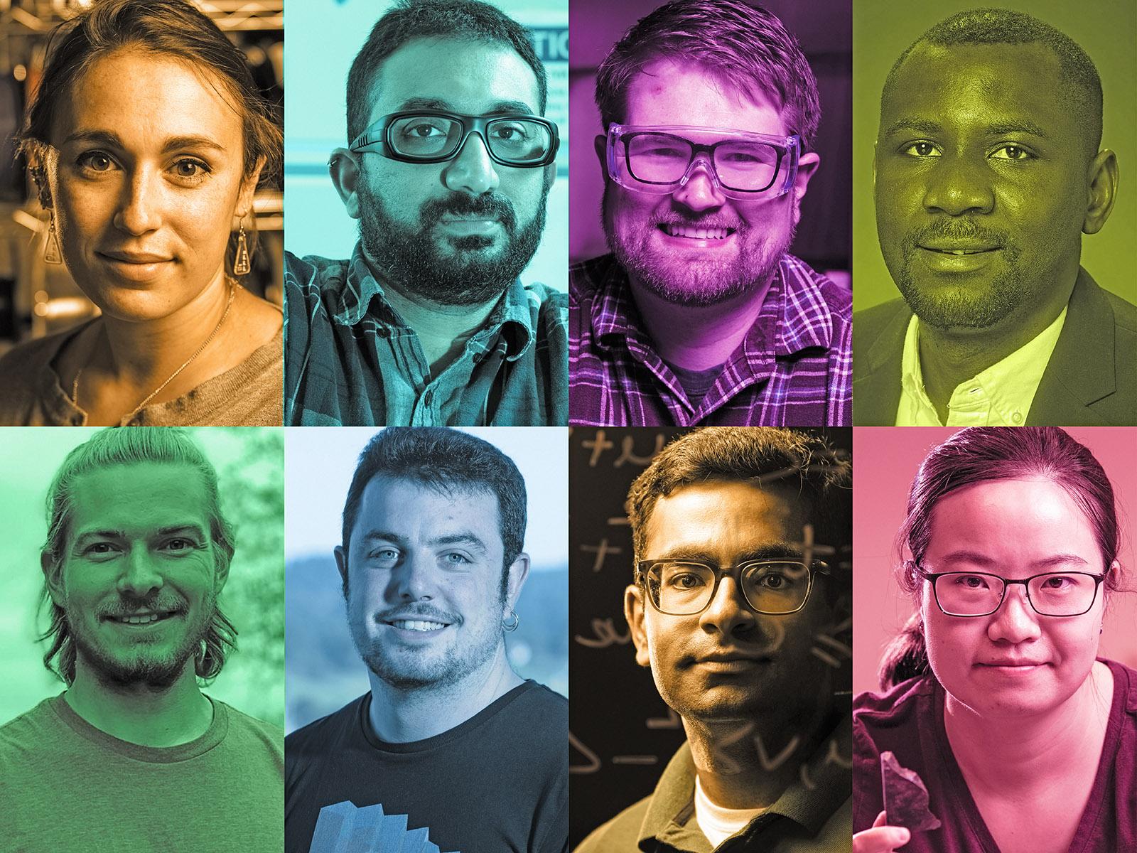 Composite image of eight diverse postdoctoral researchers from the shoulders up featuring different colors over each individual