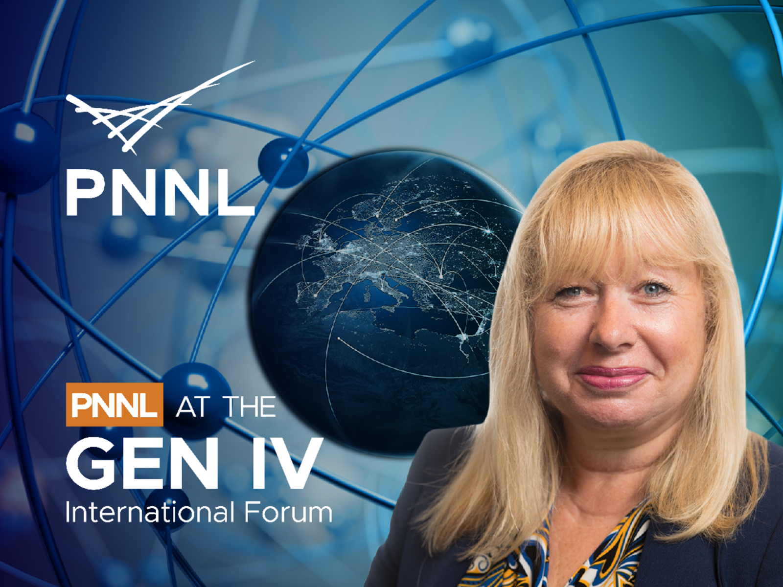 Composite image of Patricia Paviet placed in front of a digital background featuring the PNNL logo.