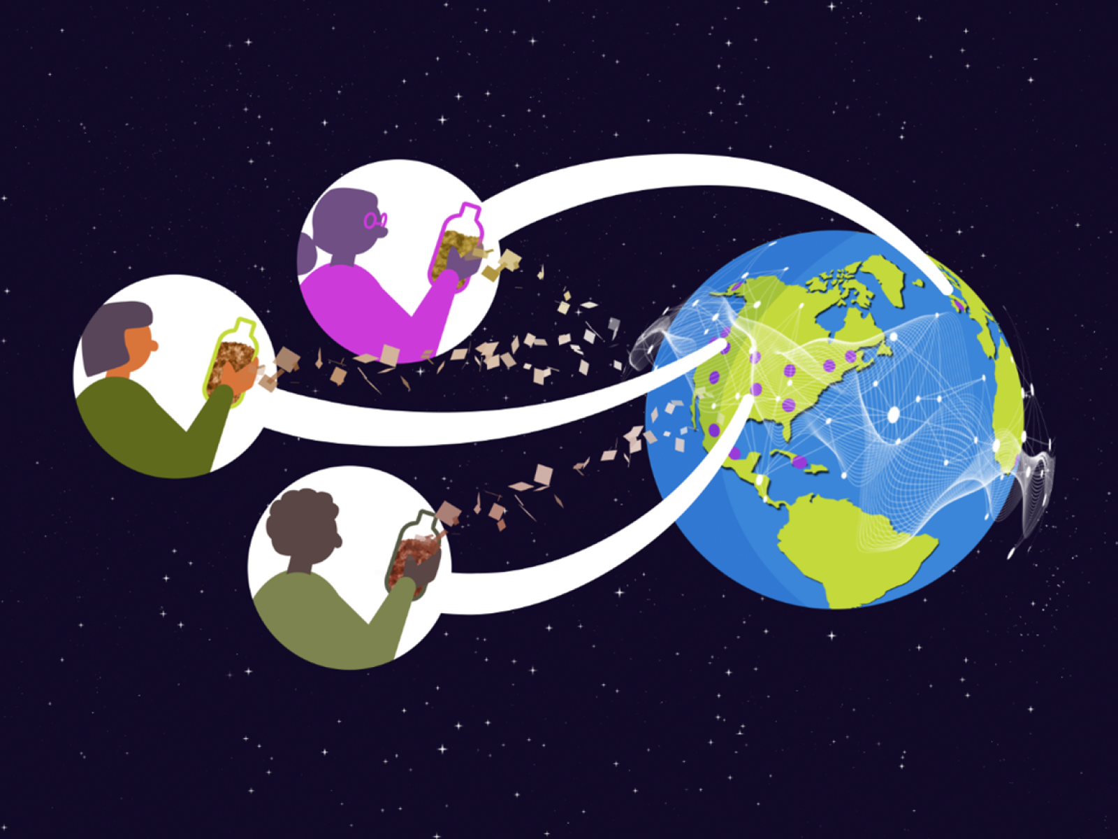 A graphic of cartoon people and the Earth.