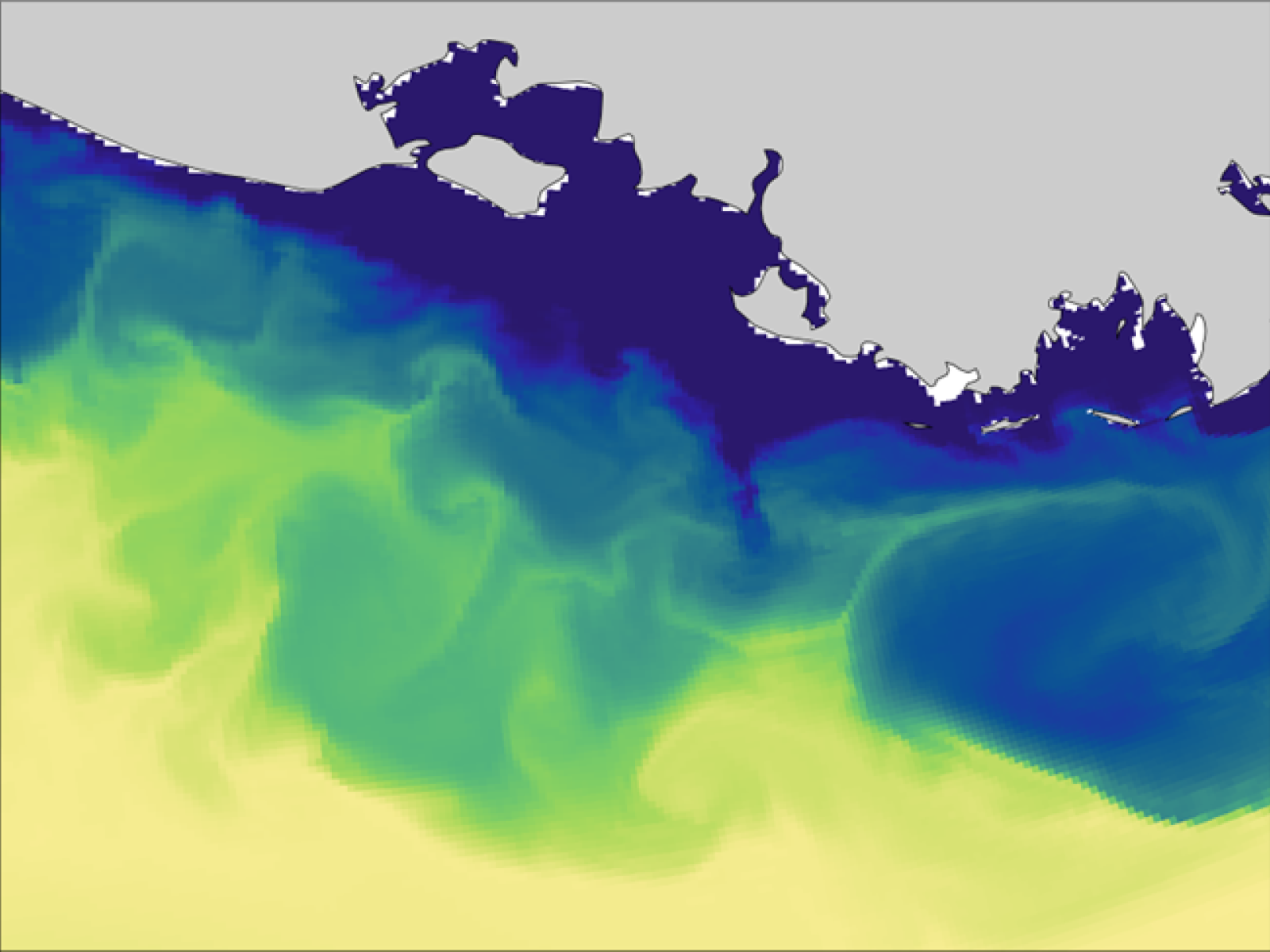Graphic showing salinity fronts in an ocean using swirls of color