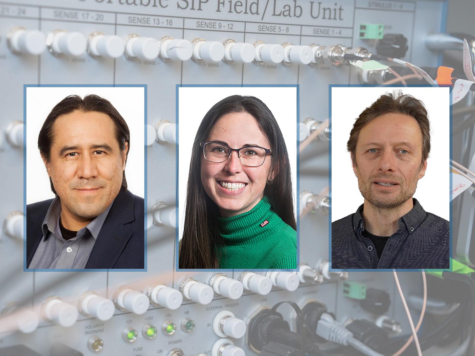 Three speaker photos on a background of a spectral induced polarization control board.