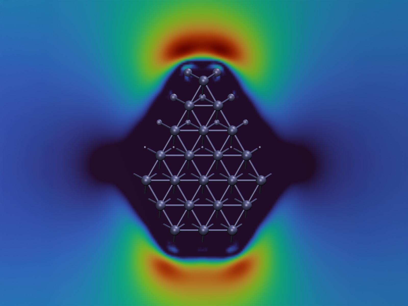Image of a color-tuned field and a computed material crystal structure