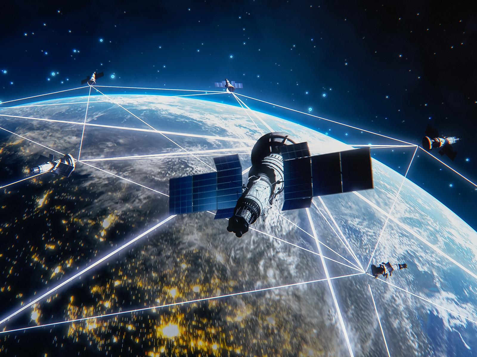 The illustration shows the planet Earth with several satellites in orbit.