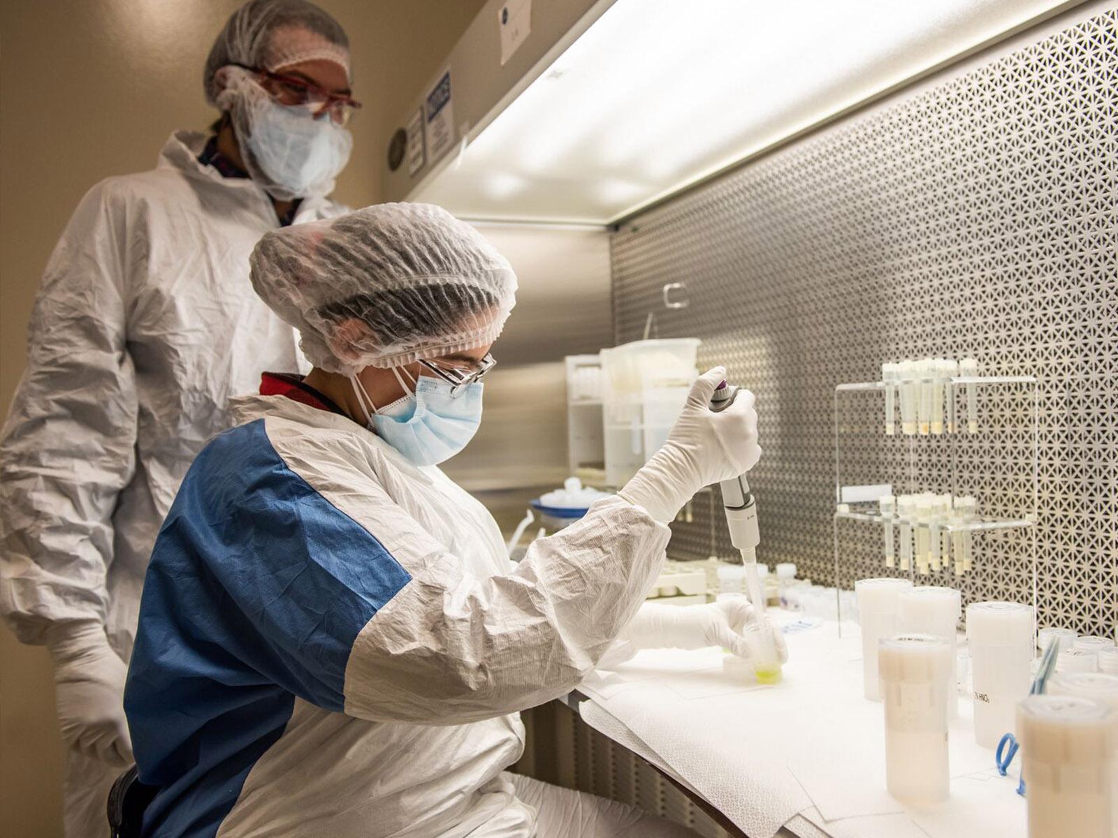 Researchers Khadouja Harouaka (front), Isaac Arnquist and their colleagues at PNNL developed a simple and convenient alternative for the measurement of ultratrace uranium and thorium that will allow the high energy and nuclear physics communities to meet the growing demand for lower thresholds of radio contaminants.