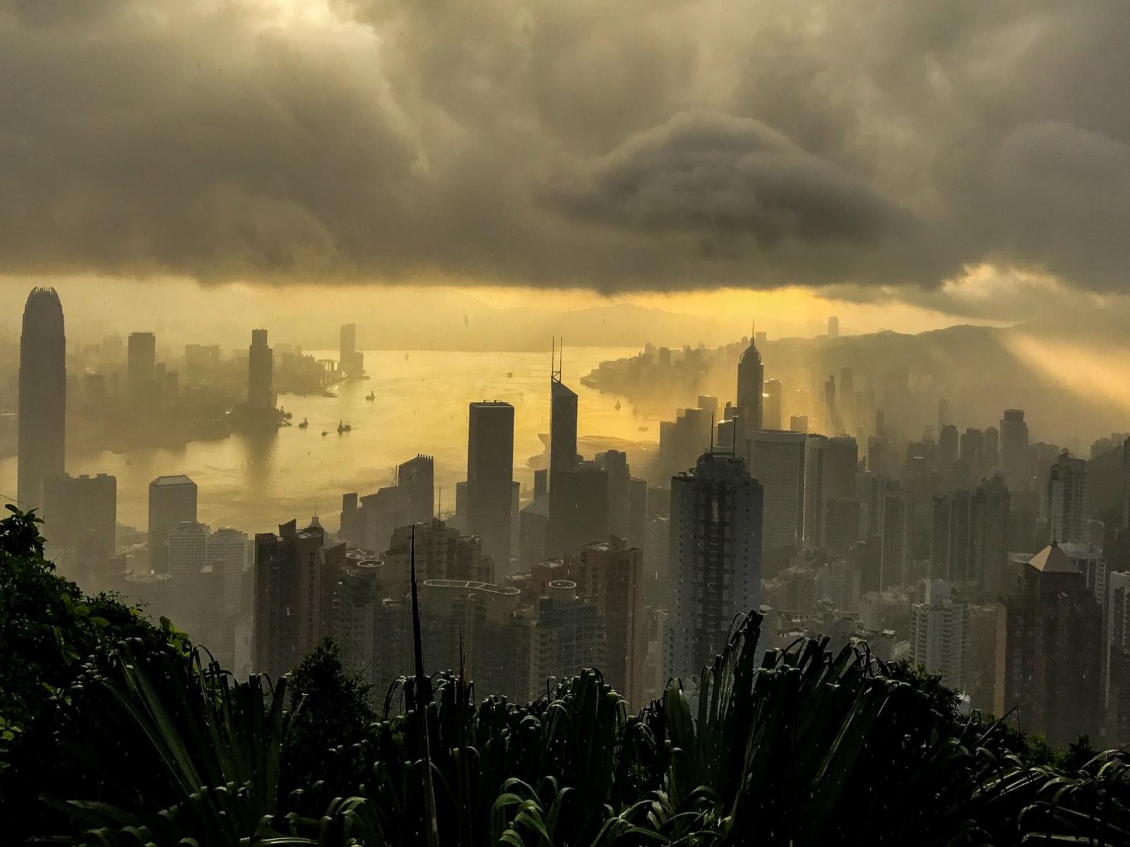 city skyline with rain clouds and yellow light