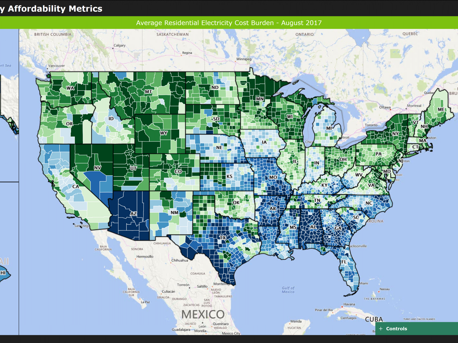 A map of the United States depecting electricity affordability metrics by county..