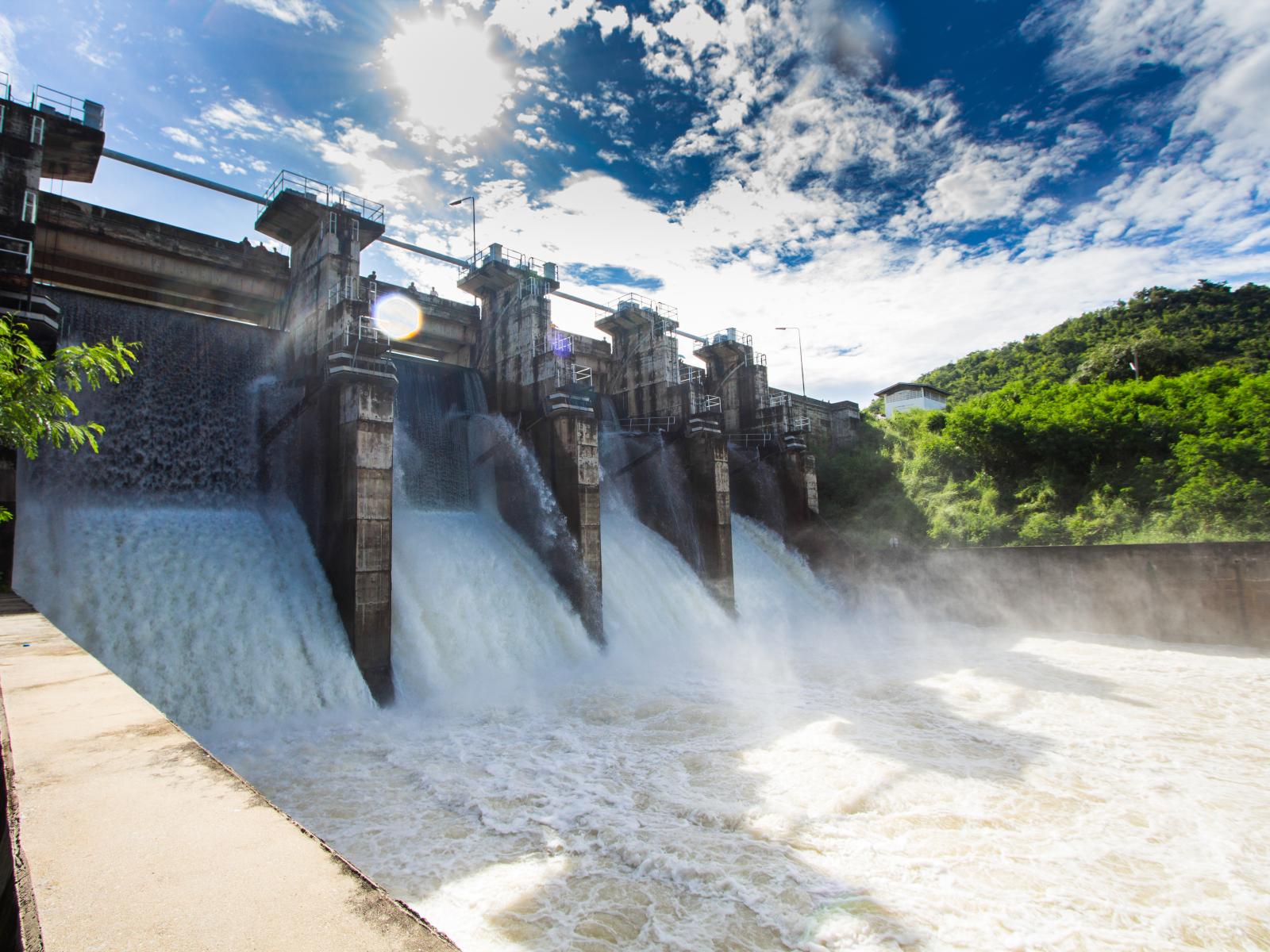 Dam with open floodgates