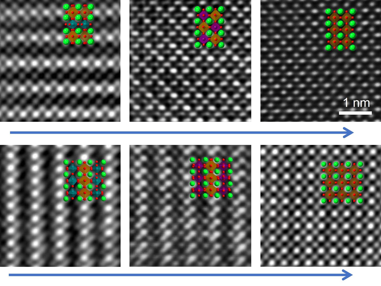 Composite of 6 electron microscope images showing a transition from one phase to another