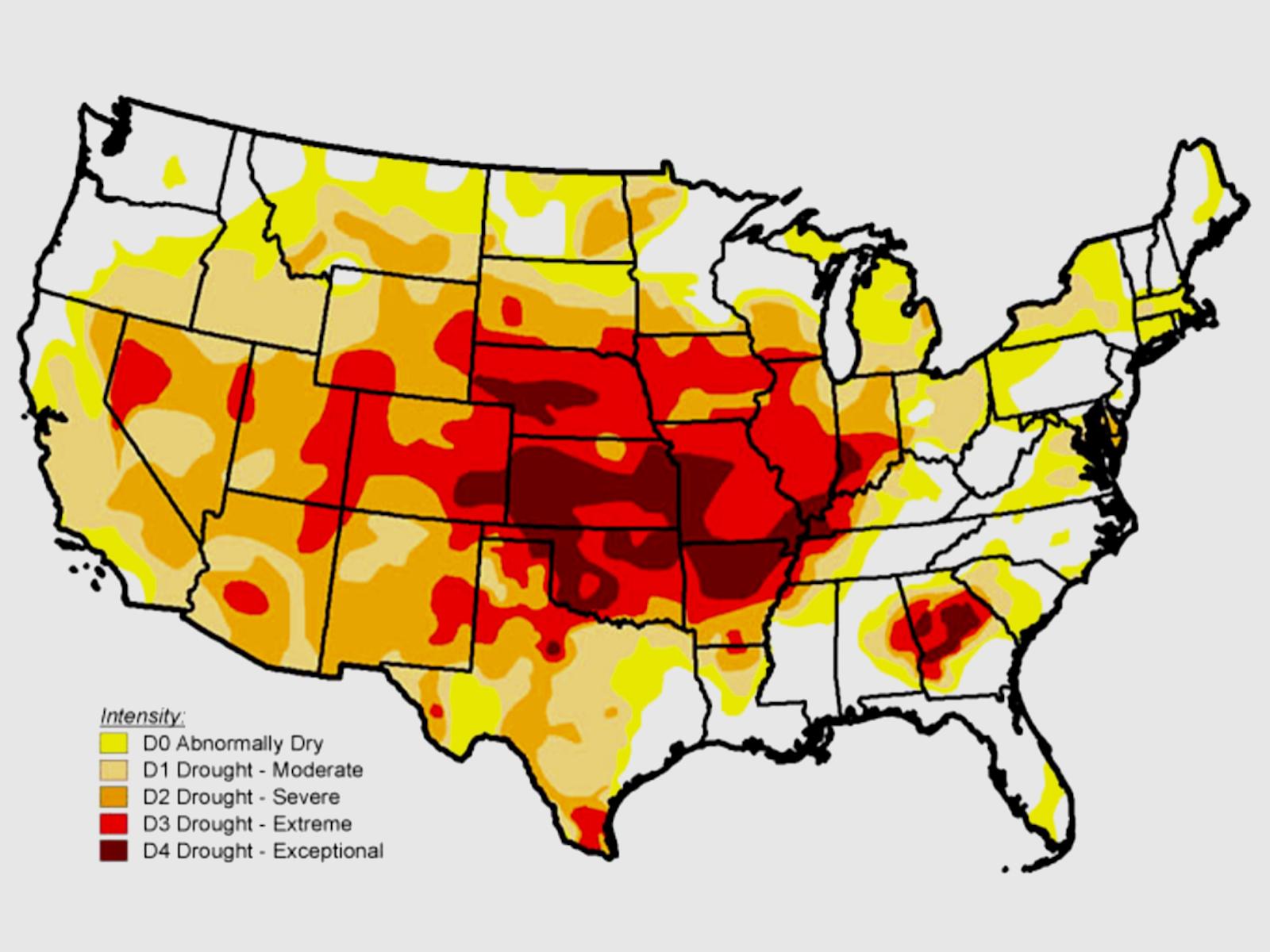 Map displaying intensities of drought in different parts of United States. The center is the most intense, and lessens as it reached the edges of the nation.