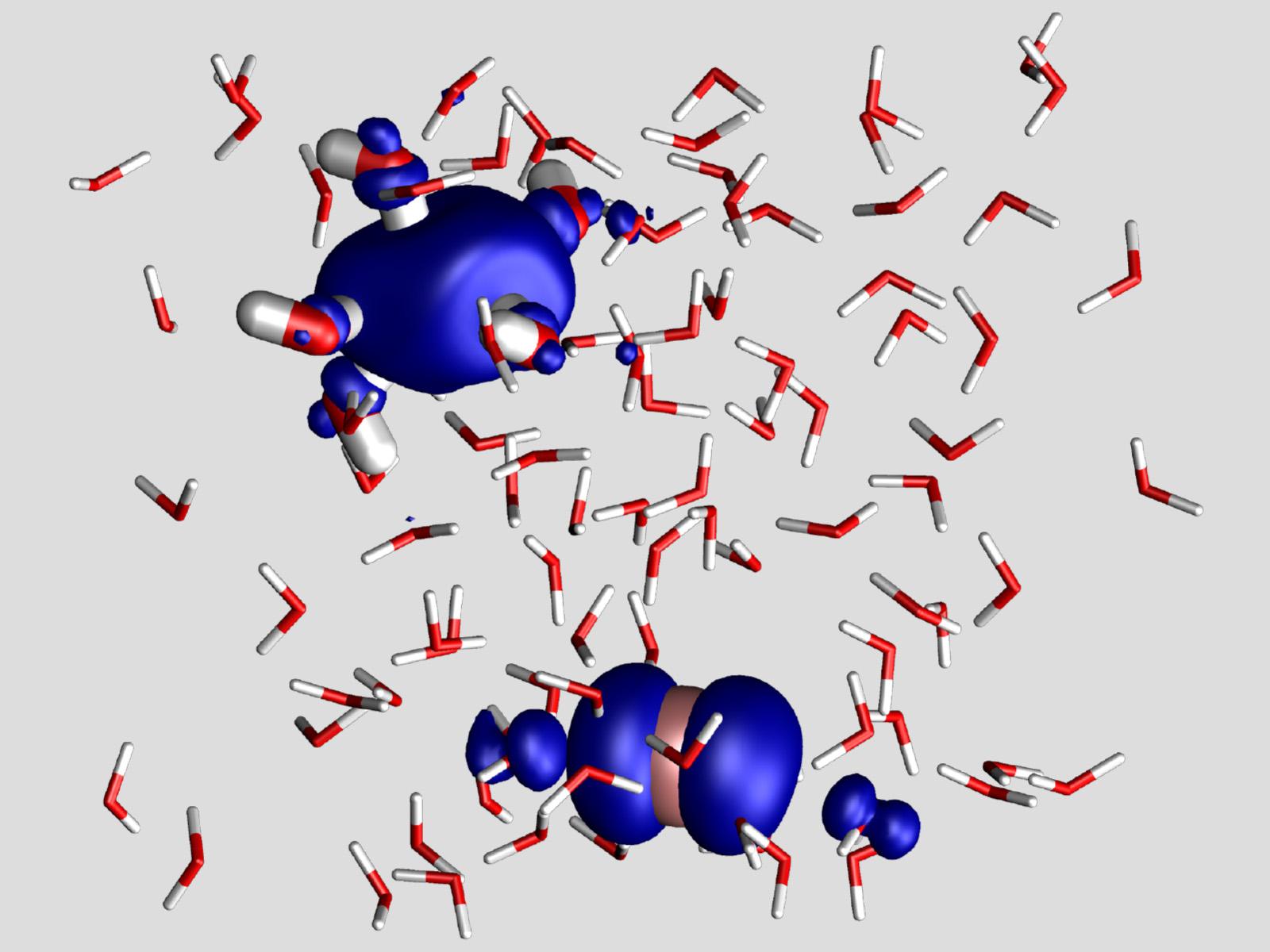 Generated image of water molecules with electron density clouds on some of them