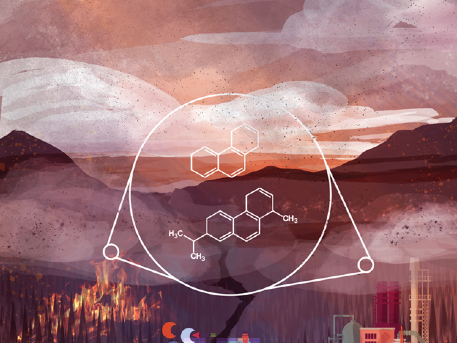 illustration of a wildfire and industry with a PAH molecule