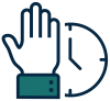 an iconographic drawing of an open hand in front of a clock