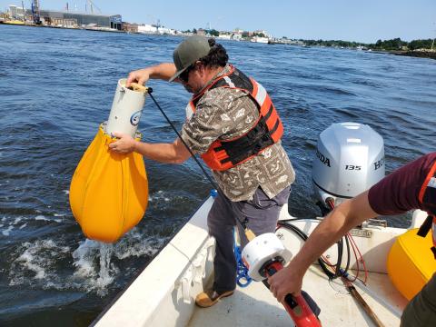 Triton researcher deploys a hydrophone to study underwater noise. 