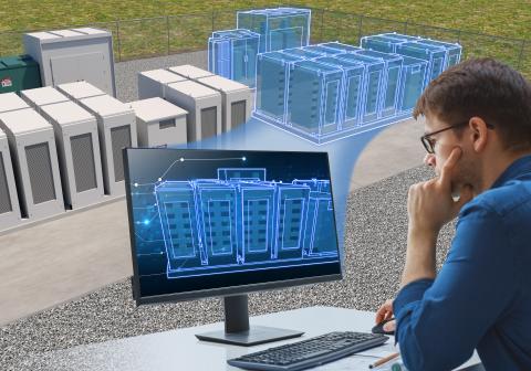 Graphic of researcher looking at screen with a grid-scale battery and digital twin of the battery in the background.