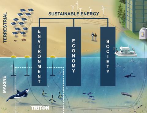 The three pillars of marine energy sustainability: environment, economy, and society.