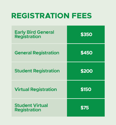 A green table showing the list of registration types and costs for the 2025 Global Summit.