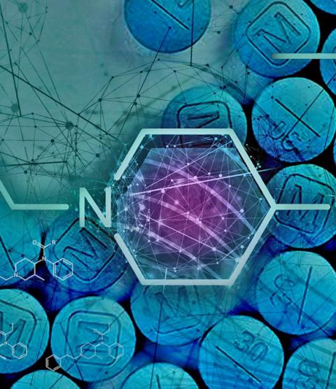Stylized visual of chemical structures and pills. 